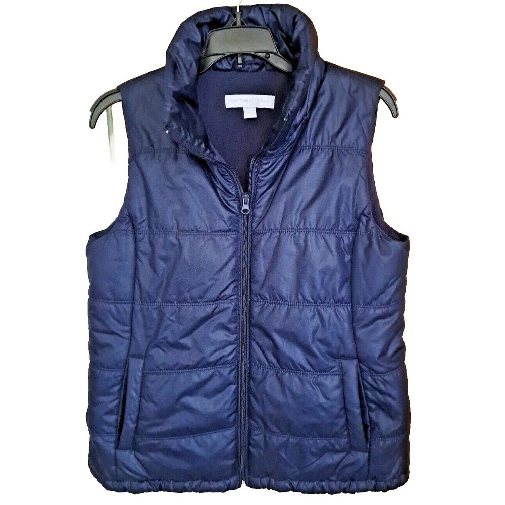 New York & Co Puffer Vest Winter Navy Blue Womens Sz Sm Full Zip Pockets Pre-own